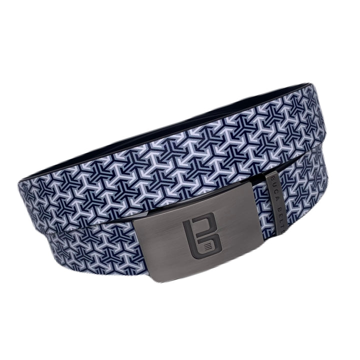 Chevron golf belt from Buca Belts, offering a vibrant and unique design. A perfect gift for golfers or those looking to add a stylish touch to their gear. Features a convenient ratchet buckle for easy adjustment.