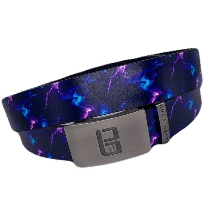 Thunderstruck golf belt from Buca Belts, offering a vibrant and unique design. A perfect gift for golfers or those looking to add a stylish touch to their gear. Features a convenient ratchet buckle for easy adjustment.