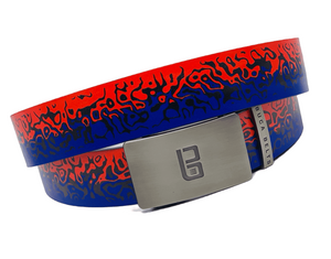 Fire and Ice golf belt from Buca Belts, offering a vibrant and unique design. A perfect gift for golfers or those looking to add a stylish touch to their gear. Features a convenient ratchet buckle for easy adjustment.