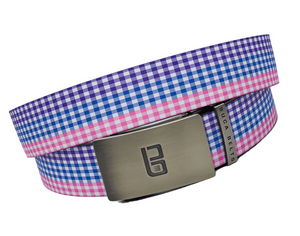 Gingham golf belt from Buca Belts, offering a vibrant and unique design. A perfect gift for golfers or those looking to add a stylish touch to their gear. Features a convenient ratchet buckle for easy adjustment.