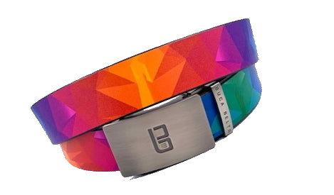 Kaleidoscope golf belt from Buca Belts, offering a vibrant and unique design. A perfect gift for golfers or those looking to add a stylish touch to their gear. Features a convenient ratchet buckle for easy adjustment.