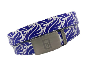 Plume golf belt from Buca Belts, offering a vibrant and unique design. A perfect gift for golfers or those looking to add a stylish touch to their gear. Features a convenient ratchet buckle for easy adjustment.