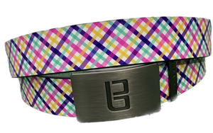 Springtime golf belt from Buca Belts, offering a vibrant and unique design. A perfect gift for golfers or those looking to add a stylish touch to their gear. Features a convenient ratchet buckle for easy adjustment.