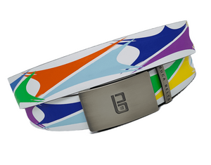 Sails golf belt from Buca Belts, offering a vibrant and unique design. A perfect gift for golfers or those looking to add a stylish touch to their gear. Features a convenient ratchet buckle for easy adjustment.