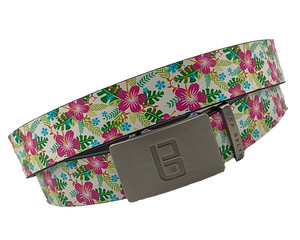 Hibiscus golf belt from Buca Belts, offering a vibrant and unique design. A perfect gift for golfers or those looking to add a stylish touch to their gear. Features a convenient ratchet buckle for easy adjustment.