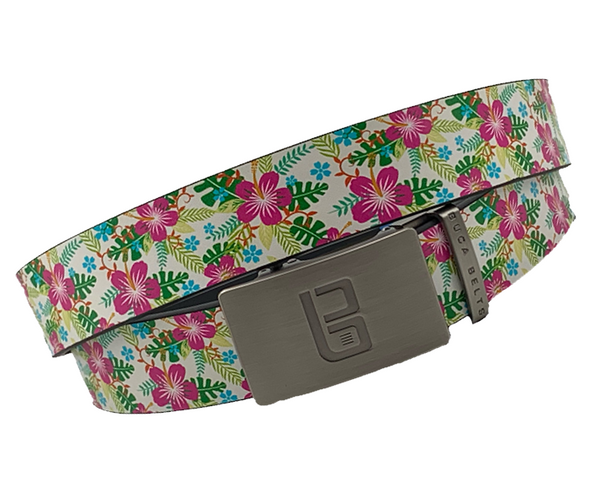 Hibiscus golf belt from Buca Belts, offering a vibrant and unique design. A perfect gift for golfers or those looking to add a stylish touch to their gear. Features a convenient ratchet buckle for easy adjustment.